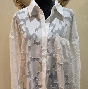 White Sheer Floral Button-Up Blouse